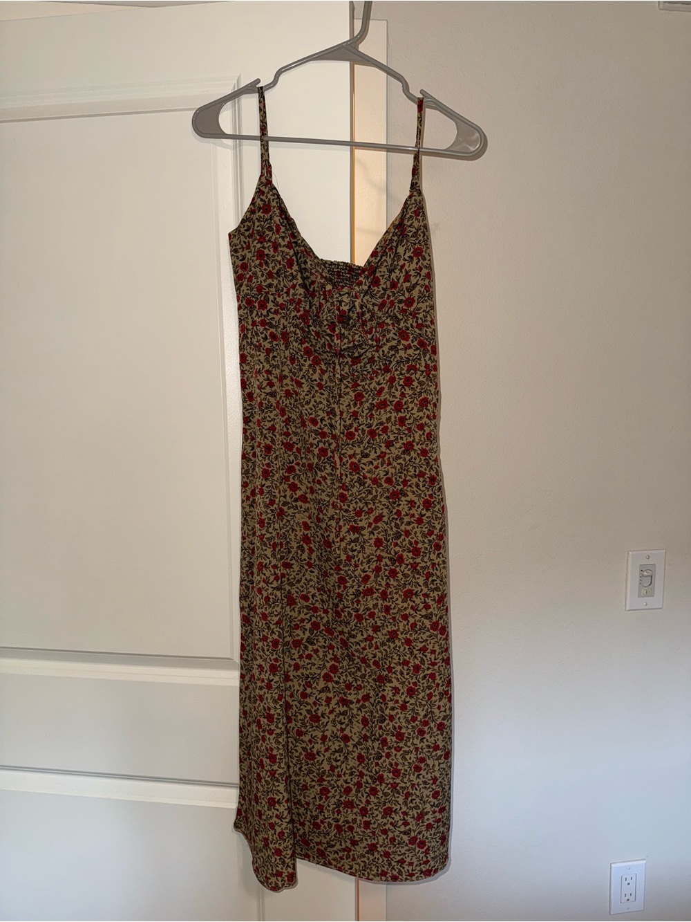 Floral Slip Dress in Olive with Red Accents